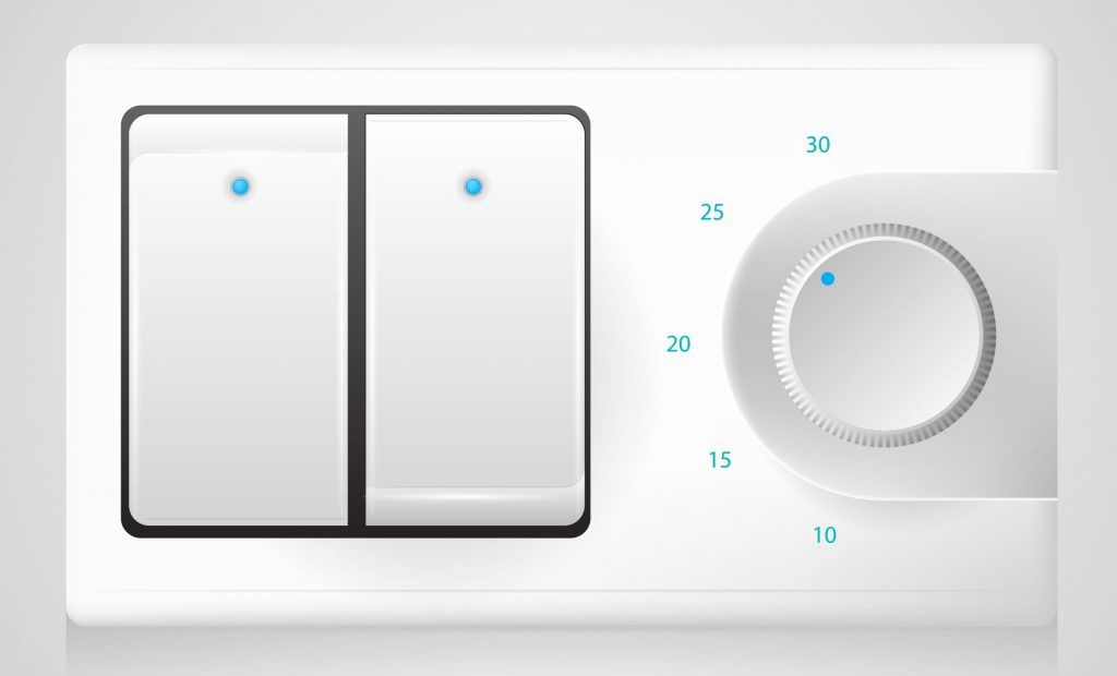 A modern LED lighting control panel with two switches and a dimmer knob.