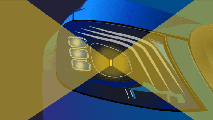 Close-up illustration of a car headlight showing LED light design features.