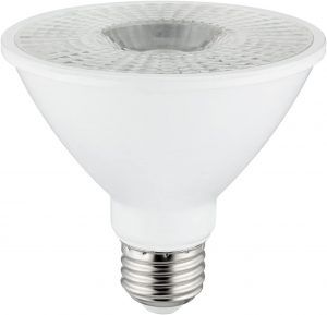 A white LED light bulb with a reflective top and standard base.