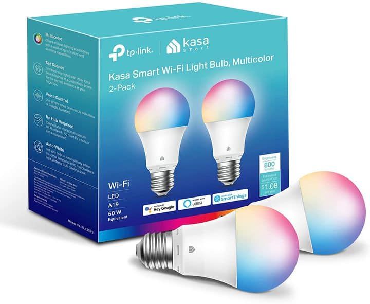 Two Kasa smart Wi-Fi light bulbs with a colorful packaging box.