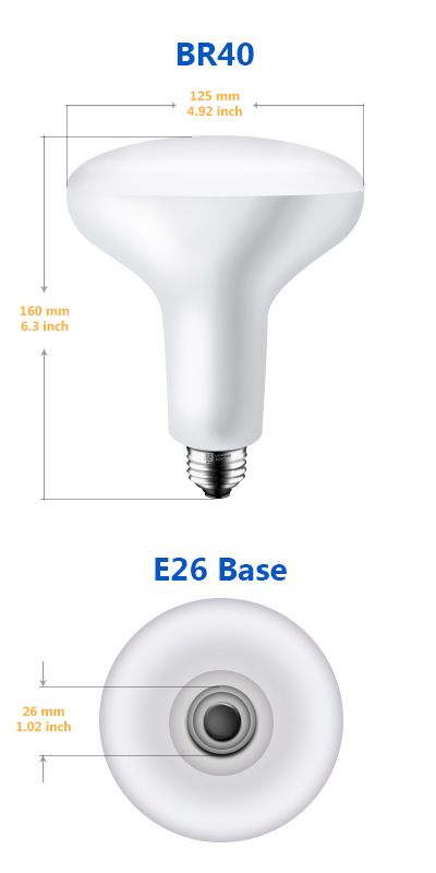 A white LED bulb with dimensions labeled, showing its shape and base type.