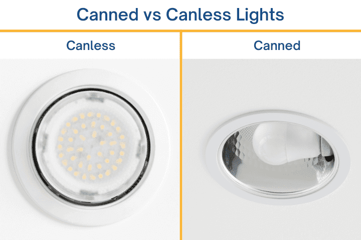 Comparison of canless and canned LED lights featuring two different light designs.