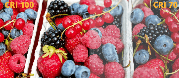 Two baskets of mixed berries showing different color rendering indexes.