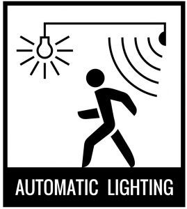 A simple graphic showing a person triggering automatic lighting.