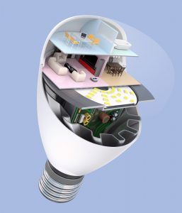 A cross-section of an LED bulb showing interior components and a cozy room layout.