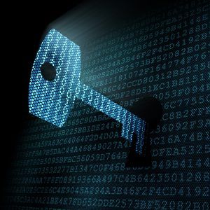 A digital key illuminated against a background of binary code.