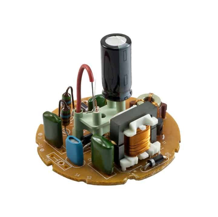Close-up of a circuit board with electronic components for LED lighting.