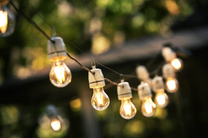 String lights glow warmly on a wire in a natural setting.