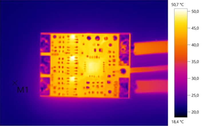 Thermal image of a circuit board showing heat distribution across components.