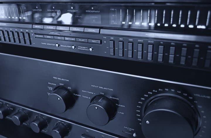Close-up of audio equipment featuring dials and buttons for sound settings.