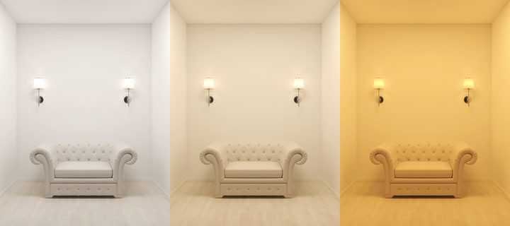 Three light scenarios show a beige sofa with varying wall light colors.