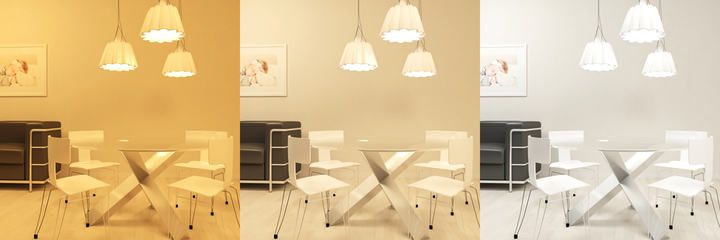 Three lighting options in a modern dining area with a table and chairs.