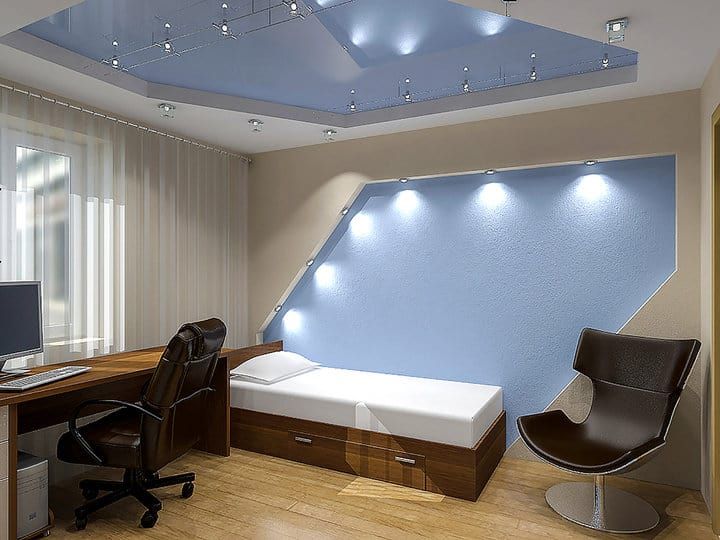 Modern bedroom with LED lights, wooden furniture and a sleek chair.