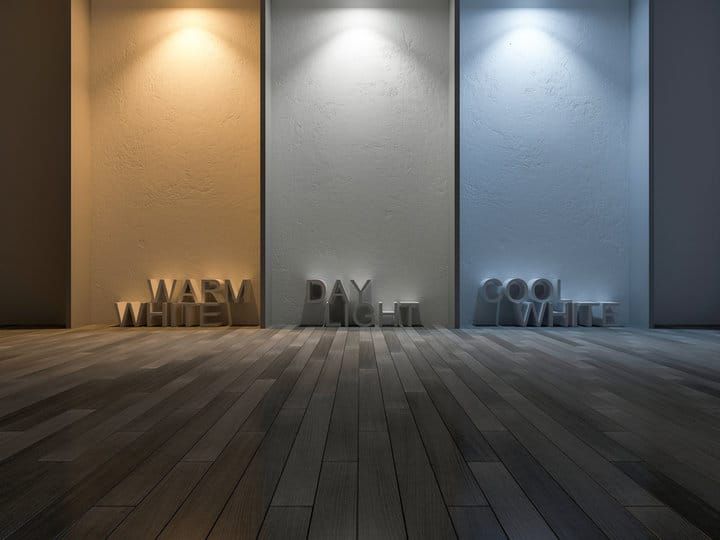 Three walls illuminated in different lighting tones with text labels.