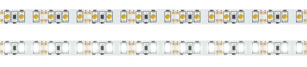 Two parallel rows of LED light strips with various colored LEDs.