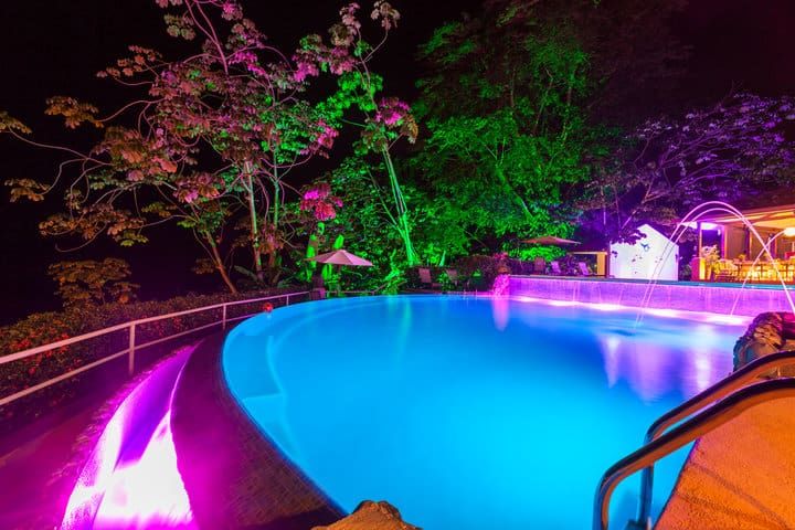 Vibrant LED lights illuminate a pool surrounded by lush greenery at night.