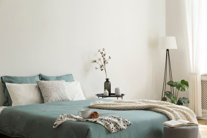 Cozy bedroom featuring a teal bedspread, soft pillows, and decorative plants.