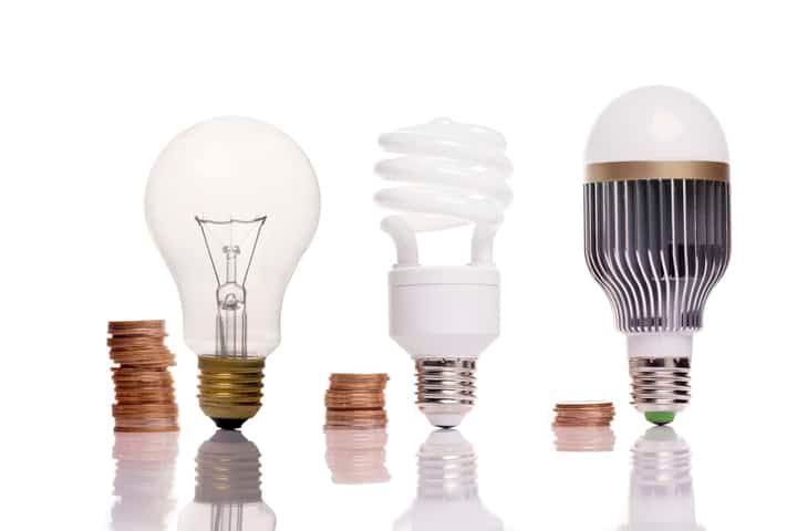Three types of light bulbs with stacks of coins representing energy costs.