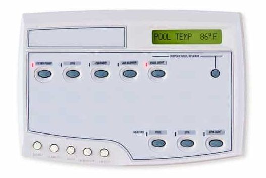 Control panel displaying pool temperature and various function buttons.