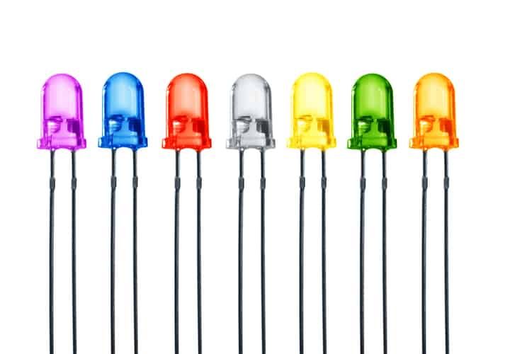 Seven colorful LED lights in pink, blue, red, clear, yellow, green, and orange.