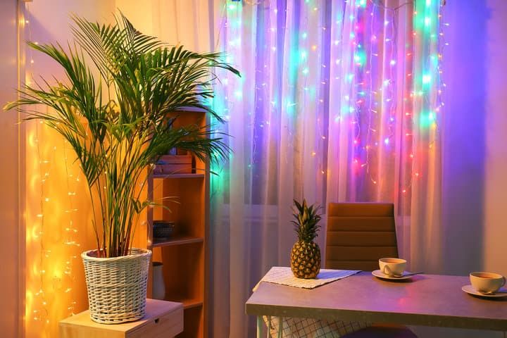 Cozy room with colorful LED lights, a plant, and a pineapple centerpiece.