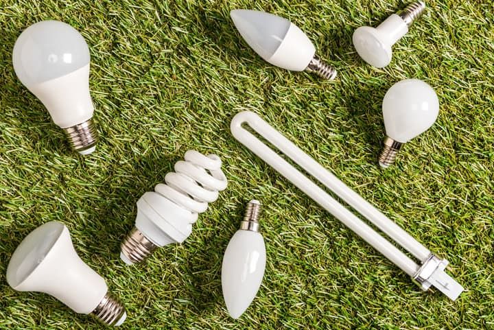 Various LED light bulbs and fixtures arranged on a grassy background.