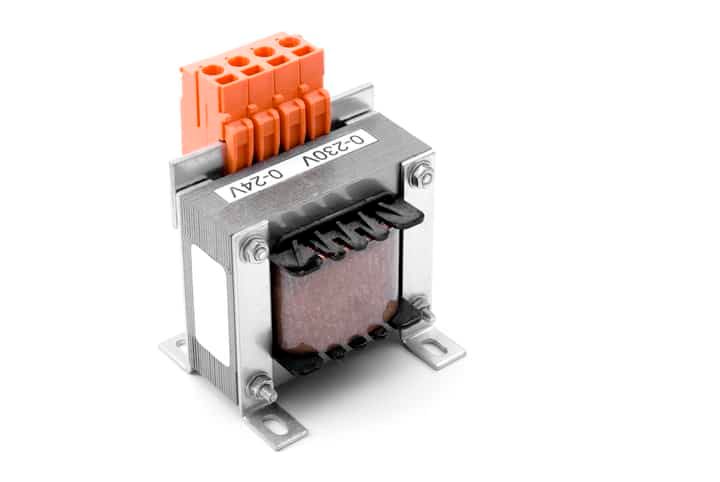 A transformer with an orange connector and metallic frame, used in LED lighting.