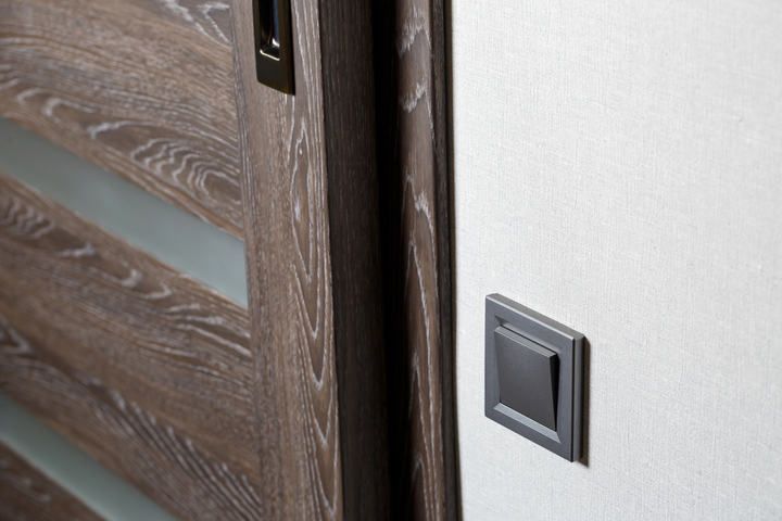 Close-up of a modern door with a square light switch beside it.