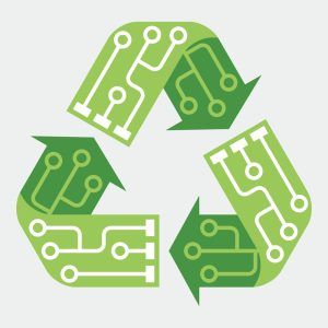 Stylized recycling symbol with circuit patterns in green shades.