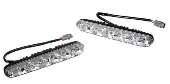 Two LED light strips with multiple bulbs and connecting wires.