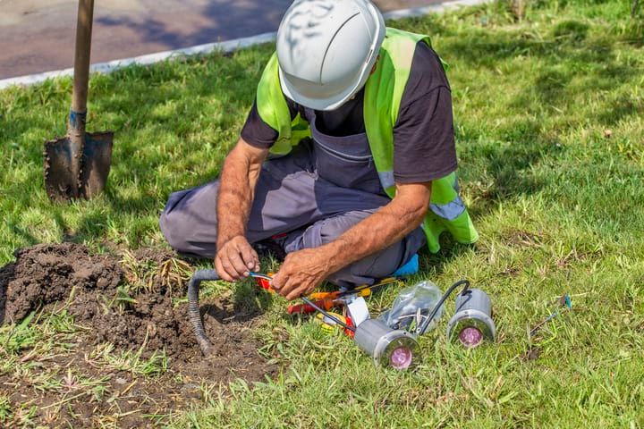 A worker in a helmet connects wires while sitting on grass near a shovel.