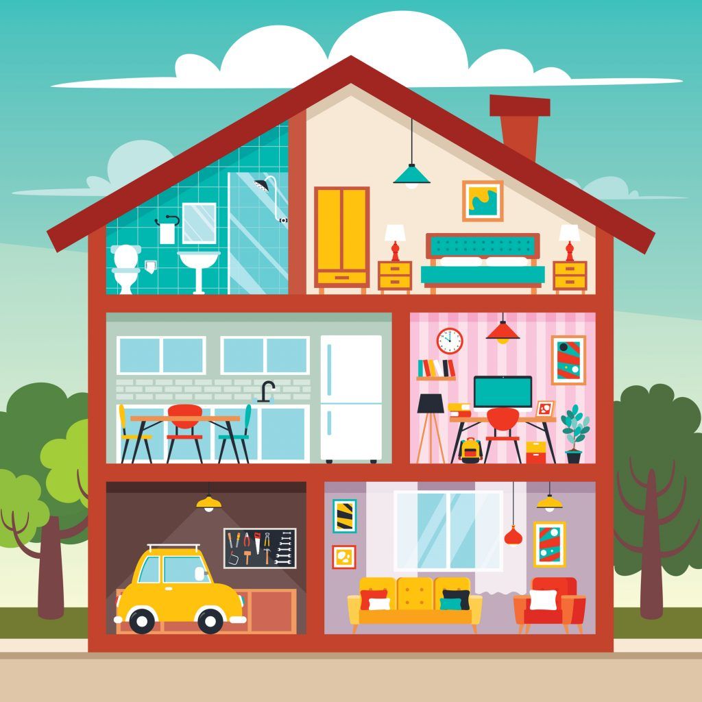 A colorful cross-section of a house showing various rooms with furniture and LED lighting.