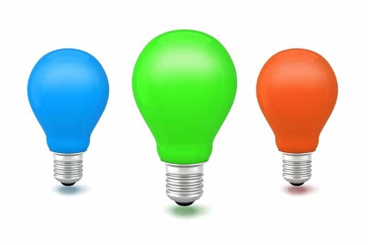 A blue, green, and orange LED light bulb illustration on a white background.