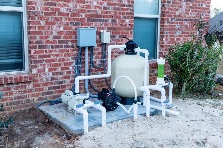 Water filtration system with pipes and pump outside a brick wall.