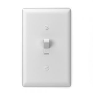 A simple white light switch on a blank wall plate