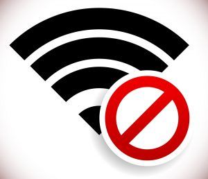 Black Wi-Fi signal symbol with a red prohibition sign over it.