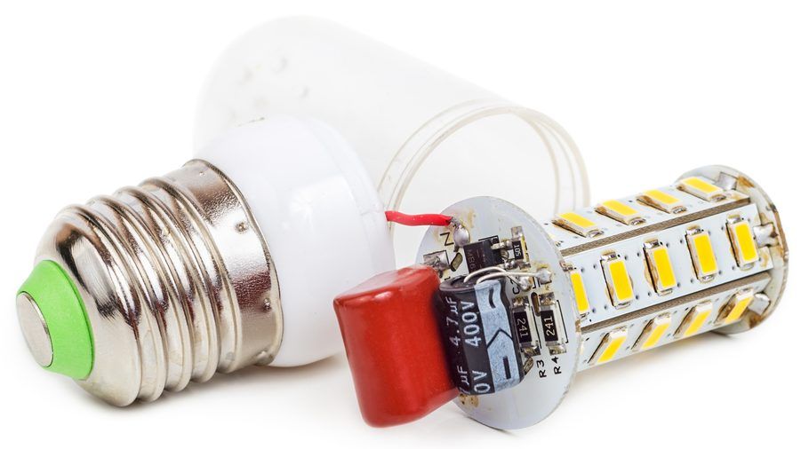 An LED bulb with visible internal circuitry and components, showcasing its design.