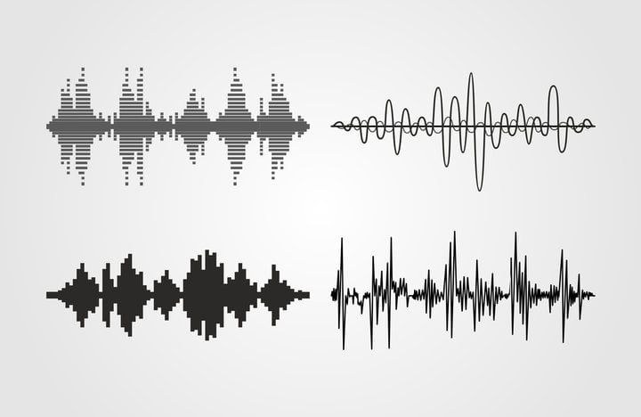 Four different soundwave graphic designs in black on a light background.