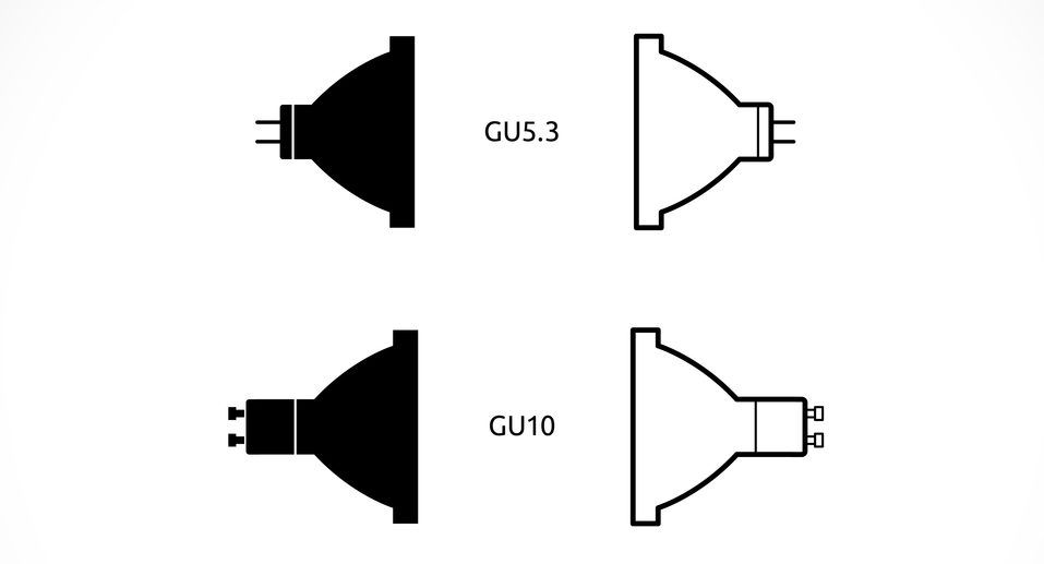 Two different LED light bulb types labeled GU5.3 and GU10, shown in black outline.