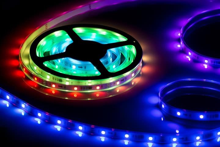 Colorful LED light strips and a spool featuring various vibrant colors.