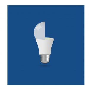 An LED light bulb graphic with a blue background.