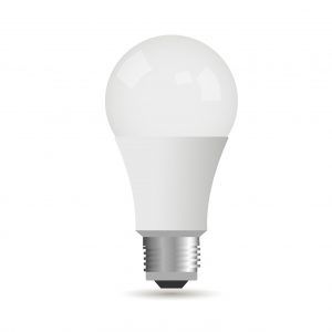 A white LED light bulb with a silver base, glowing softly.