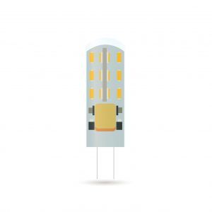 A clear LED light bulb with multiple yellow light segments and two metal pins.
