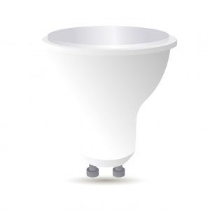 White LED light bulb with a funnel shape and gray pins at the base.