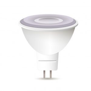 A white LED spotlight bulb with a round top and two prongs.