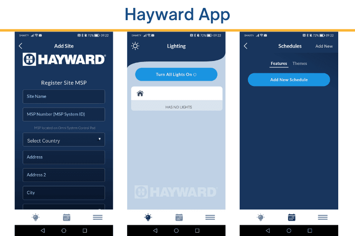Three smartphone screens of the Hayward app for managing LED lighting and schedules.