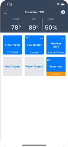 Mobile app interface displaying pool and air temperatures, settings options, and features.