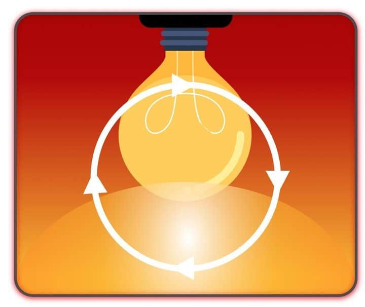 An illuminated light bulb with a swirl graphic indicating energy efficiency.