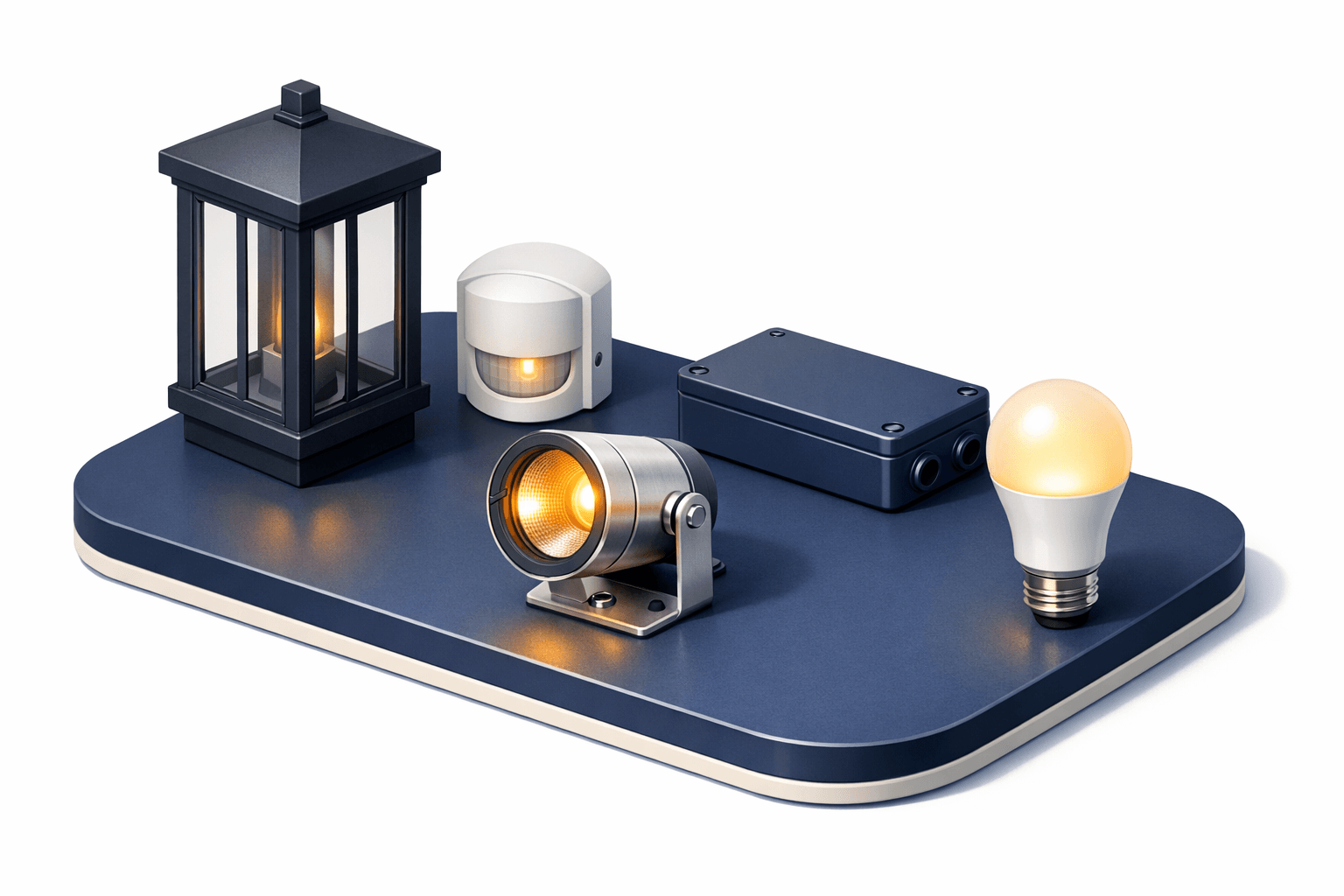 Outdoor light, motion sensor, floodlight, and LED bulb for retrofit motion lighting.
