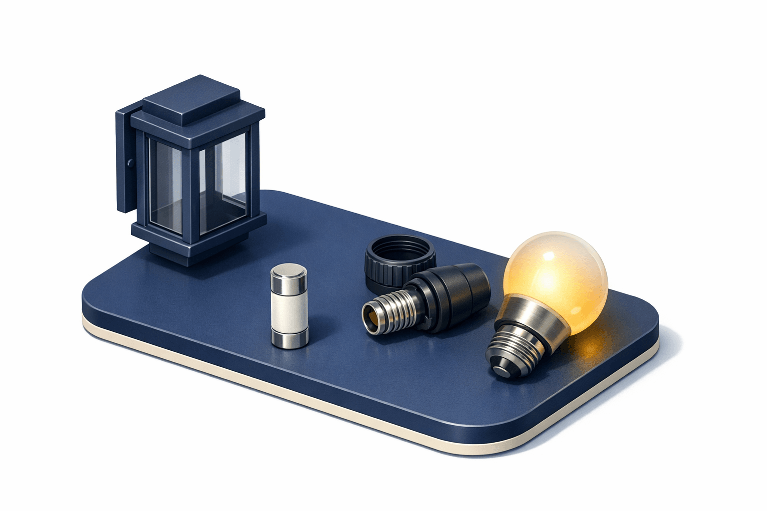 Outdoor light, fuse, holder, and LED bulb showing outside light fuse sizing.